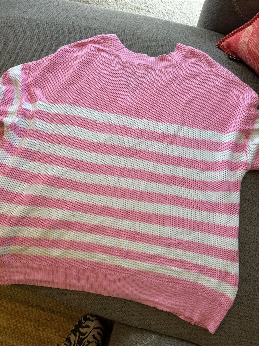 PINK Victoria's Secret Pink & White Striped V-Neck Button Sweater
